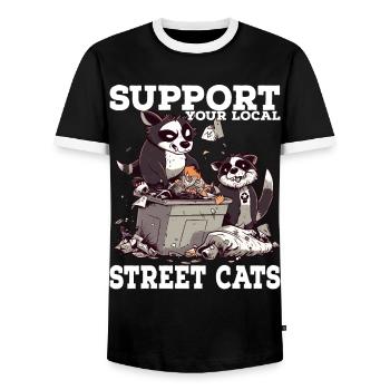 Support Your Local Street Cats Raccoon Opossum - Men's Ringer Shirt - black/white - Front - AI Model Female 172 light (172cm) & AI Model Male 178 light (178cm)