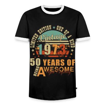 Year of construction 1973 - 50 years old - Men's Ringer Shirt - black/white - Front - AI Model Female 172 light (172cm) & AI Model Male 178 light (178cm)