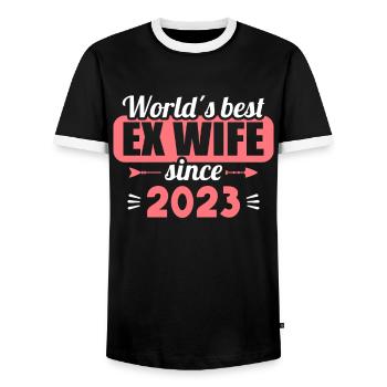 Worlds Best Ex Wife since 2023 Divorce - Men's Ringer Shirt - black/white - Front - AI Model Female 172 light (172cm) & AI Model Male 178 light (178cm)