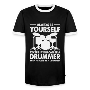 Drums Quote Drummer Music Band Drum Musician - Men's Ringer Shirt - black/white - Front - AI Model Female 172 light (172cm) & AI Model Male 178 light (178cm)