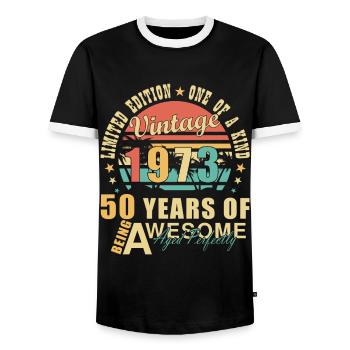 50. Geburtstag Jahrgang 1973. 50 Jahre - Männer Kontrast-T-Shirt - Schwarz/Weiß - Vorne - AI Model Female 172 light (172cm) & AI Model Male 178 light (178cm)