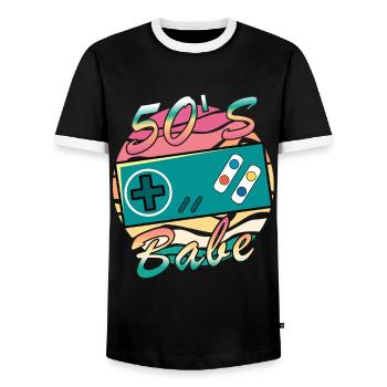 Gamer Girl Babe Retro 50iger Jahre 50s 1950 - Männer Kontrast-T-Shirt - Schwarz/Weiß - Vorne - AI Model Female 172 light (172cm) & AI Model Male 178 light (178cm)