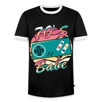 Gamer Girl Babe Retro 70s 70s 1970 - Men's Ringer Shirt - black/white - Front - AI Model Female 172 light (172cm) & AI Model Male 178 light (178cm)