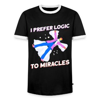 I prefer logic to miracles - Atheist - Men's Ringer Shirt - black/white - Front - AI Model Female 172 light (172cm) & AI Model Male 178 light (178cm)