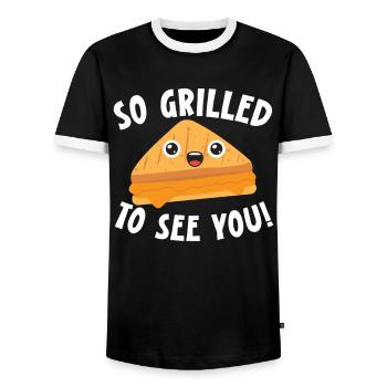 So grilled to see you! Cheesy grilled cheese - Men's Ringer Shirt - black/white - Front - AI Model Female 172 light (172cm) & AI Model Male 178 light (178cm)