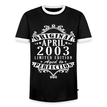 April 2003. Anniversary April 2003. Gift 2003. - Men's Ringer Shirt - black/white - Front - AI Model Female 172 light (172cm) & AI Model Male 178 light (178cm)