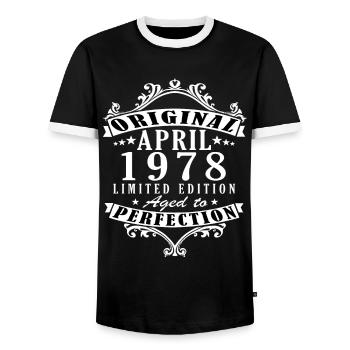 April 1978 Anniversary April 1978 April - Men's Ringer Shirt - black/white - Front - AI Model Female 172 light (172cm) & AI Model Male 178 light (178cm)