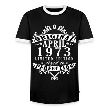 50 Jahre alt - Genial seit April 1973 - Männer Kontrast-T-Shirt - Schwarz/Weiß - Vorne - AI Model Female 172 light (172cm) & AI Model Male 178 light (178cm)