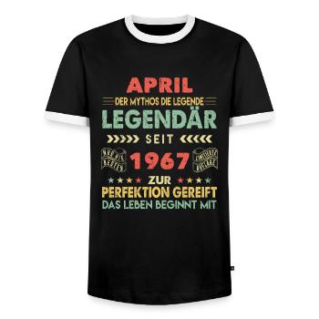 56. Geburtstag April Jahrgang 1967 Vintage - Männer Kontrast-T-Shirt - Schwarz/Weiß - Vorne - AI Model Female 172 light (172cm) & AI Model Male 178 light (178cm)