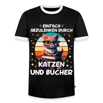 Cats and Books Katzenliebhaber Book lover - Männer Kontrast-T-Shirt - Schwarz/Weiß - Vorne - AI Model Female 172 light (172cm) & AI Model Male 178 light (178cm)