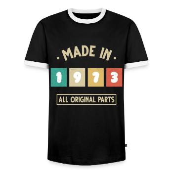 Vintage 1973 Birthday Gift 1973 - Men's Ringer Shirt - black/white - Front - AI Model Female 172 light (172cm) & AI Model Male 178 light (178cm)
