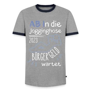 AB In die Jogginghose Bürgergeld wartet blau - Männer Kontrast-T-Shirt - Grau/Navy  - Vorne - AI Model Female 172 light (172cm) & AI Model Male 178 light (178cm)