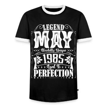 May 1985. Anniversary May 1985. Gift May 1985. - Men's Ringer Shirt - black/white - Front - AI Model Female 172 light (172cm) & AI Model Male 178 light (178cm)