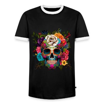 Totenkopf Blumen Bunt - Männer Kontrast-T-Shirt - Schwarz/Weiß - Vorne - AI Model Female 172 light (172cm) & AI Model Male 178 light (178cm)