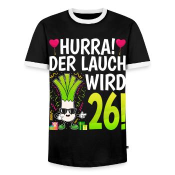Hurra der Lauch wird 26 - Männer Kontrast-T-Shirt - Schwarz/Weiß - Vorne - AI Model Female 172 light (172cm) & AI Model Male 178 light (178cm)