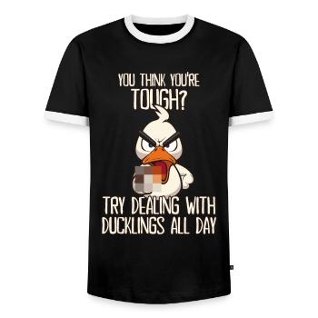 Le canard joyeux de Dcukling avec un doigt d’honneur - T-shirt contrasté Homme - noir/blanc - Devant - AI Model Female 172 light (172cm) & AI Model Male 178 light (178cm)