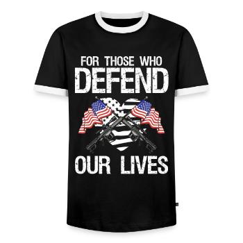 Soldier For Those Who Defend Our Lives Military - Men's Ringer Shirt - black/white - Front - AI Model Female 172 light (172cm) & AI Model Male 178 light (178cm)