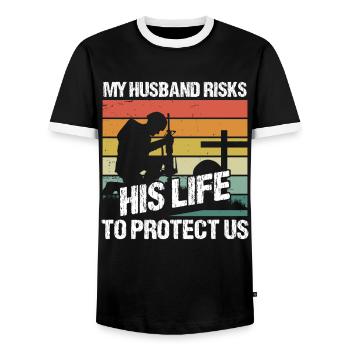 Soldier My Husband Risks His Life Military Army - Men's Ringer Shirt - black/white - Front - AI Model Female 172 light (172cm) & AI Model Male 178 light (178cm)