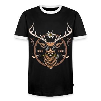 Hirsch Shirt Trachtenshirt Herren Trachten T-Shirt - Männer Kontrast-T-Shirt - Schwarz/Weiß - Vorne - AI Model Female 172 light (172cm) & AI Model Male 178 light (178cm)