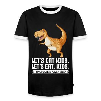 Let's Eat Kids Puntuation Saves Lives Dino Saurus - Men's Ringer Shirt - black/white - Front - AI Model Female 172 light (172cm) & AI Model Male 178 light (178cm)