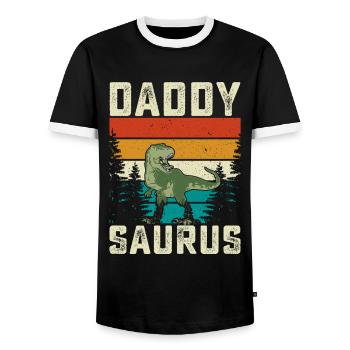 Daddy Saurus Rainbow Background Dino - Men's Ringer Shirt - black/white - Front - AI Model Female 172 light (172cm) & AI Model Male 178 light (178cm)