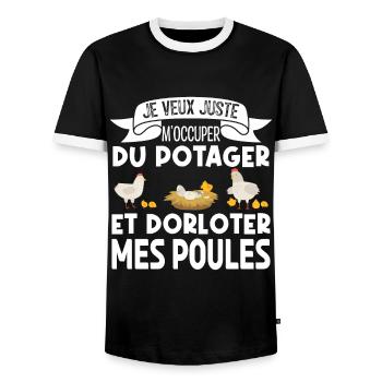 M'occuper Du Potager Et Des Poules. Jardinage. - T-shirt contrasté Homme - noir/blanc - Devant - AI Model Female 172 light (172cm) & AI Model Male 178 light (178cm)