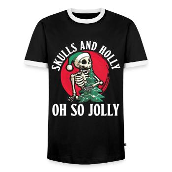 Skulls And Holly - Oh So Jolly - Goth Christmas - Men's Ringer Shirt - black/white - Front - AI Model Female 172 light (172cm) & AI Model Male 178 light (178cm)
