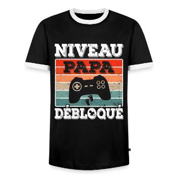 Futur Papa Annonce Grossesse Niveau Papa Débloqué - T-shirt contrasté Homme - noir/blanc - Devant - AI Model Female 172 light (172cm) & AI Model Male 178 light (178cm)