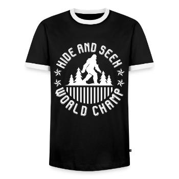 Hide and Seek World Champ Mountain Fan Funny Hiker - Men's Ringer Shirt - black/white - Front - AI Model Female 172 light (172cm) & AI Model Male 178 light (178cm)