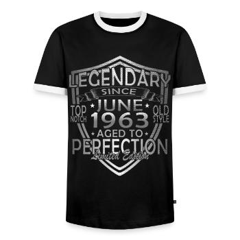 June 1963. Birthday present June 1963. June. - Men's Ringer Shirt - black/white - Front - AI Model Female 172 light (172cm) & AI Model Male 178 light (178cm)