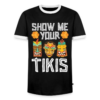Show me your Tikis Hawaiian Luau Party Tiki - Men's Ringer Shirt - black/white - Front - AI Model Female 172 light (172cm) & AI Model Male 178 light (178cm)
