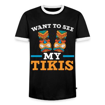 Do you want to see my tikis? Hawaiian luau-pa - Men's Ringer Shirt - black/white - Front - AI Model Female 172 light (172cm) & AI Model Male 178 light (178cm)