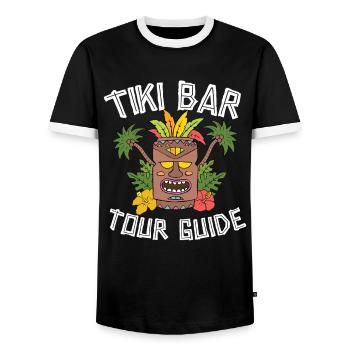 Tiki Bar Travel Guide Hawaiian Luau Party Tiki - Men's Ringer Shirt - black/white - Front - AI Model Female 172 light (172cm) & AI Model Male 178 light (178cm)