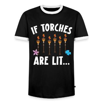 When Torches Burn Hawaiian Luau Party Tiki - Men's Ringer Shirt - black/white - Front - AI Model Female 172 light (172cm) & AI Model Male 178 light (178cm)
