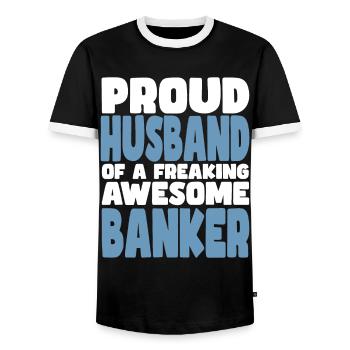Fière épouse d’un sacré bon banquier - T-shirt contrasté Homme - noir/blanc - Devant - AI Model Female 172 light (172cm) & AI Model Male 178 light (178cm)