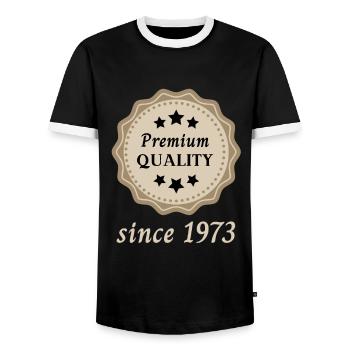 Premium Quality since 1973 - Männer Kontrast-T-Shirt - Schwarz/Weiß - Vorne - AI Model Female 172 light (172cm) & AI Model Male 178 light (178cm)