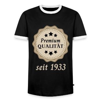 Premium Qualität seit 1933 - Männer Kontrast-T-Shirt - Schwarz/Weiß - Vorne - AI Model Female 172 light (172cm) & AI Model Male 178 light (178cm)