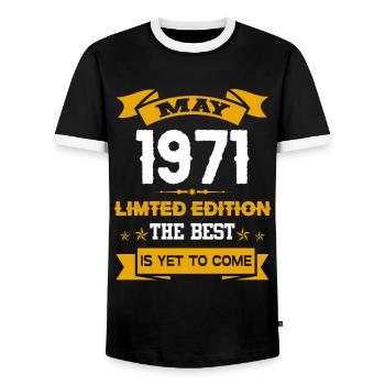 May 1971 Birthday present - Men's Ringer Shirt - black/white - Front - AI Model Female 172 light (172cm) & AI Model Male 178 light (178cm)
