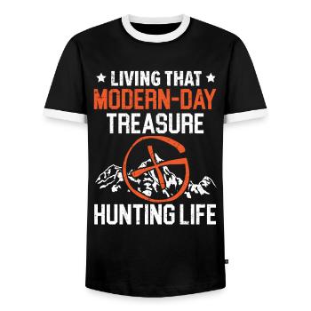 The modern life of a treasure hunter - Men's Ringer Shirt - black/white - Front - AI Model Female 172 light (172cm) & AI Model Male 178 light (178cm)