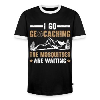 I'm going geocaching The mosquitoes are already waiting - Men's Ringer Shirt - black/white - Front - AI Model Female 172 light (172cm) & AI Model Male 178 light (178cm)