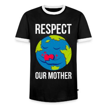 Earth Day Saying: Respect Our Mother Mother Earth - Men's Ringer Shirt - black/white - Front - AI Model Female 172 light (172cm) & AI Model Male 178 light (178cm)