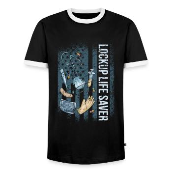 Lockup Life Saver Corrections Nurse - Men's Ringer Shirt - black/white - Front - AI Model Female 172 light (172cm) & AI Model Male 178 light (178cm)