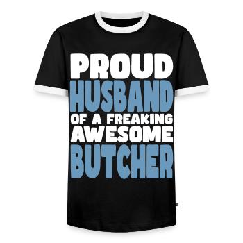 Fière épouse d’un sacré bon boucher - T-shirt contrasté Homme - noir/blanc - Devant - AI Model Female 172 light (172cm) & AI Model Male 178 light (178cm)