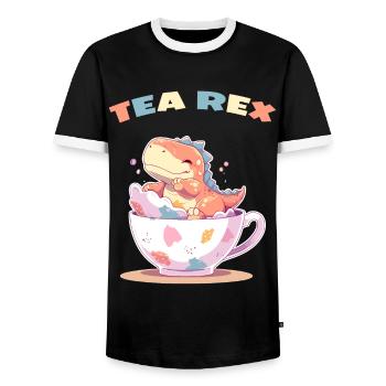 Tea Rex Sweet Dino in Teacup - Men's Ringer Shirt - black/white - Front - AI Model Female 172 light (172cm) & AI Model Male 178 light (178cm)