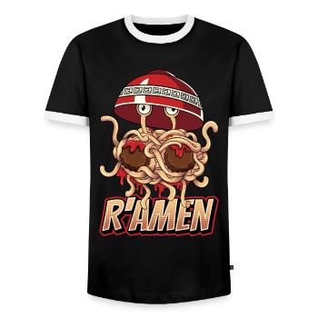 Flying Spaghetti Monster FSM Pastafarian - Men's Ringer Shirt - black/white - Front - AI Model Female 172 light (172cm) & AI Model Male 178 light (178cm)