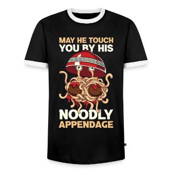 Flying Spaghetti Monster FSM - Men's Ringer Shirt - black/white - Front - AI Model Female 172 light (172cm) & AI Model Male 178 light (178cm)