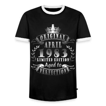 Avril 1983. Anniversaire: avril 1983. Don 1983. - T-shirt contrasté Homme - noir/blanc - Devant - AI Model Female 172 light (172cm) & AI Model Male 178 light (178cm)