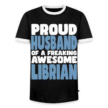 Fière épouse d’un sacré bon bibliothécaire - T-shirt contrasté Homme - noir/blanc - Devant - AI Model Female 172 light (172cm) & AI Model Male 178 light (178cm)