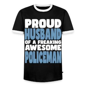 Fière épouse d’un sacré bon flic - T-shirt contrasté Homme - noir/blanc - Devant - AI Model Female 172 light (172cm) & AI Model Male 178 light (178cm)