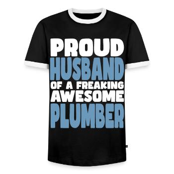 Fière épouse d’un sacré bon plombier - T-shirt contrasté Homme - noir/blanc - Devant - AI Model Female 172 light (172cm) & AI Model Male 178 light (178cm)